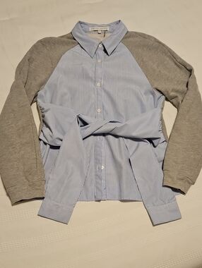 English Factory Blue Pinstripe Button-Front Shirt with Gray Sleeves